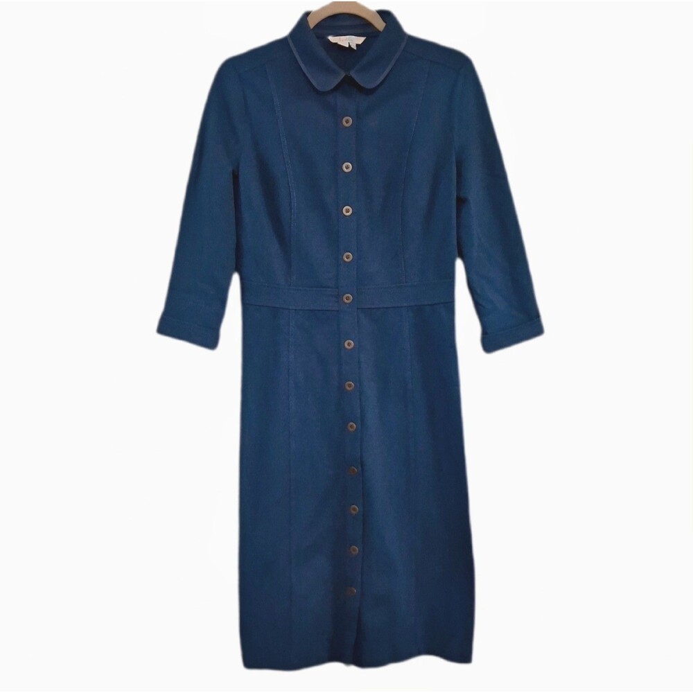 Boden Blue Shirt Dress Women Size 8L Long Peacock Blue Button Front Collard